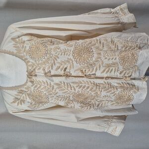 vintage Mexican Embroidered Tassel Tie Blouse 1X-2X Boho Hamdmade Peasant Blouse